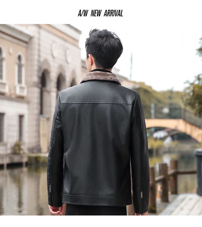 Trend Korean Slim Fit Casual Men's Leather Jacket Leather Jacket Busines Men's Fur Collar High Quality Fashion Motorcycle Jacket