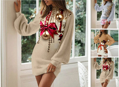 Vintage Christmas Printing Women Party Dress Autumn Fashion Half High Collar Lantern Long Sleeve Dresses Lady Bodycon Vestidos