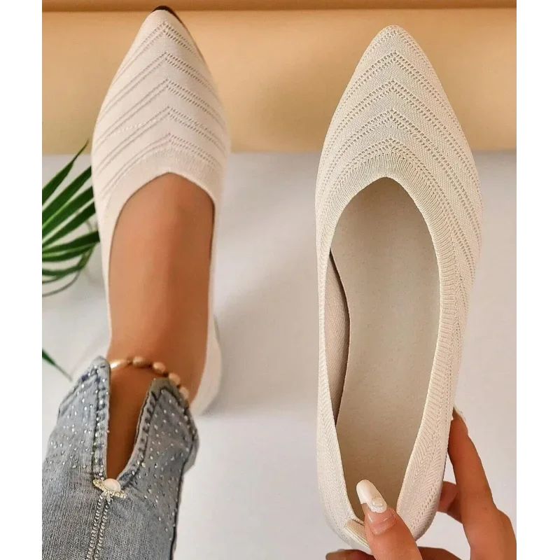 New 2024 Pointed Toe Flat Office Boat Solid Color Knitted Slip on Shoes Casual Ballet Flats Shoes Women Loafers Zapatos De Mujer