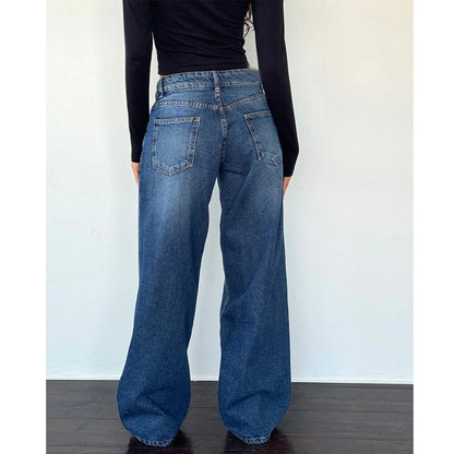 High Waist Straight Leg Women's Jeans Retro American Washed Denim Pants Autumn Street Style Wide Leg Trousers for Women