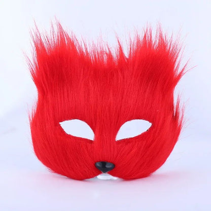 QQ Fluffy Fur and Face Mask Cosplay Halloween Fox Shape Half Face Eye Mask Sexy Cat Hair Animal Mask Christmas Carnival Party Co