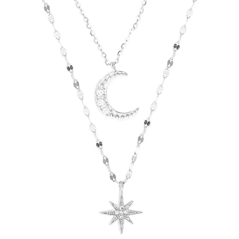 Colar de Prata 925 Feminino Camada Dupla Zircônia Estrela Lua Pingente Colar Delicado Corrente Charmosa Joia Elegante Presente da Moda