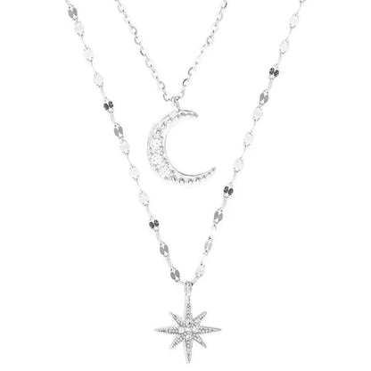 Colar de Prata 925 Feminino Camada Dupla Zircônia Estrela Lua Pingente Colar Delicado Corrente Charmosa Joia Elegante Presente da Moda