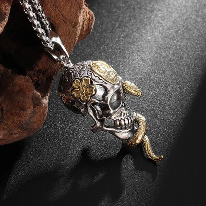 Colar de Pingente de Caveira Demoníaca Enrolada de Cobra Gótica Vintage para Homens Meninos Festa de Rock Halloween Joia de Presente