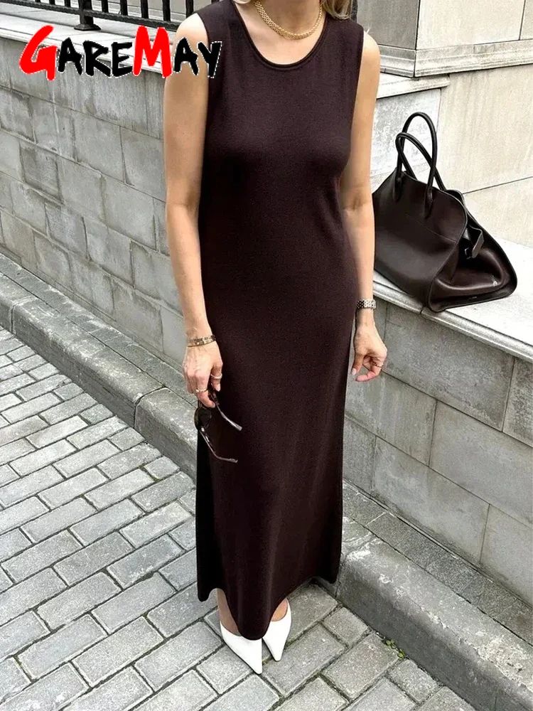 Noodle Women's Summer Knitted Dress Sleeveless Soild Long Elegant Brown Dress  O