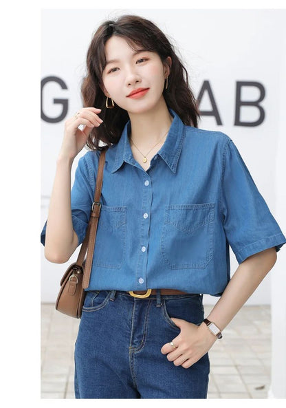 Vintageblueshort Sleeves Thin Denim Shirt 2024 Summer New Casual Loose-Fit Hong Kong Style Petite Top For Women