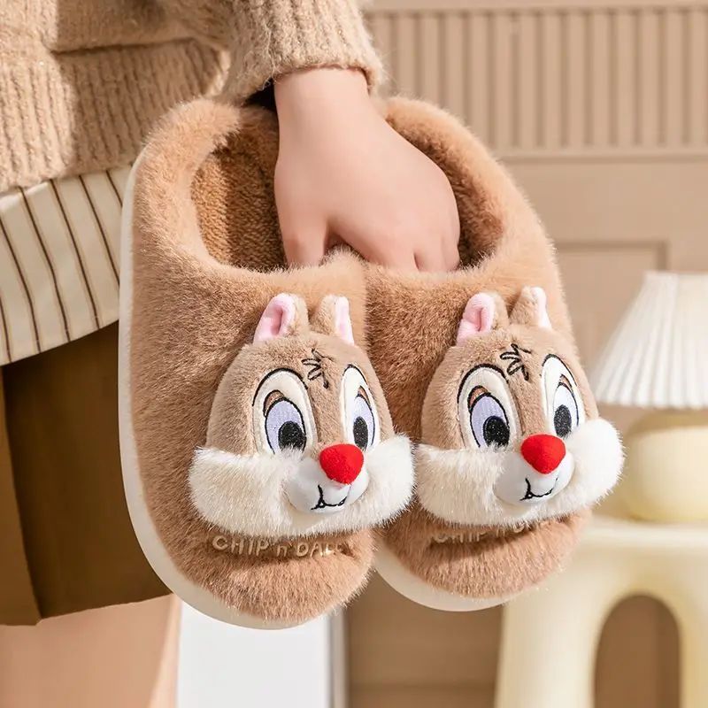 Chinelo de algodão de pelúcia com desenho animado Disney Tico e Teco, fofo, para homens e mulheres, confortável, macio, antiderrapante, resistente ao desgaste e quente para o inverno