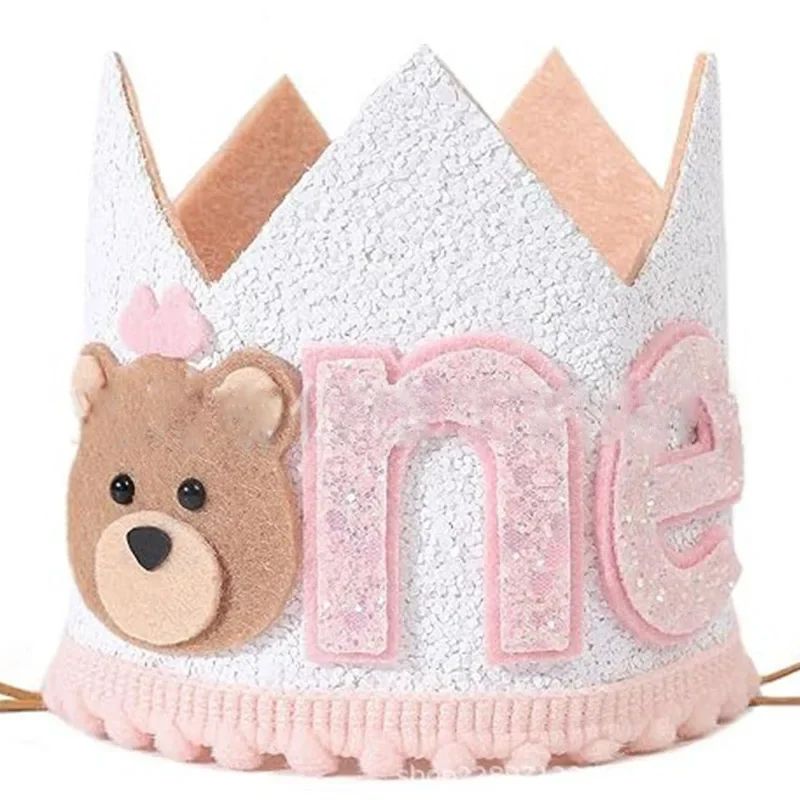 Cartoon Bear One Year Old Crown Baby Jungle Safari 1st Birthday Pink Brown Bear Crown Boy Girl First Birthday Party Decor Hat