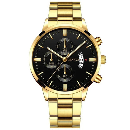 4pcs Luxury Men Business Quartz Watch Gold Alloy Roman with Calendar Wrist Watch Cross Necklace Bracelet Ring Set Men's Gift