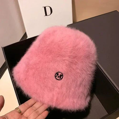 Coreia Designer M Bucket Hat Feminino Quente Pelúcia Angola Coelho Pelo Chapéu Senhora Outono Inverno Ins Moda Chapéu Bacia Retrô Fofo Panamá