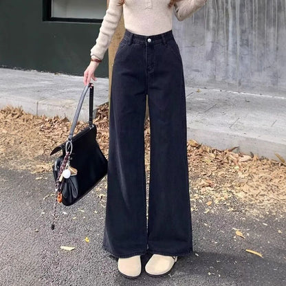 High Waist Wide Leg Black Denim Jeans Women's Autumn Winter New Style Loose Fit Floor Length Bell Bottoms Trendy