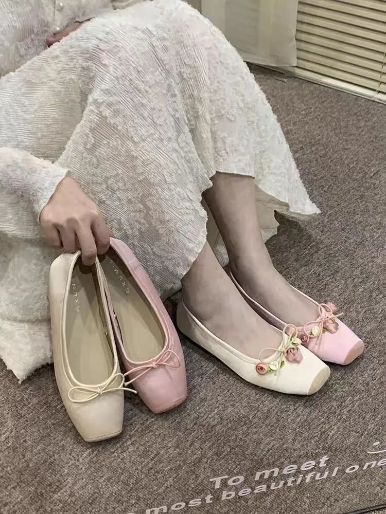 Women Flats Bow Marie Janes Shoes  New Lolita Dress Square Toe Shoes Designer Walking Sandals Female Elegant Zapatos