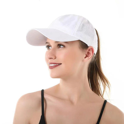 Boné de Beisebol de Verão Cor Sólida Roupa de Golfe Feminina Esporte Lazer Boné Cruzado com Rabo de Cavalo Chapéu de Malha Secagem Rápida Meio-Oco Boné Masculino com Aba Curva