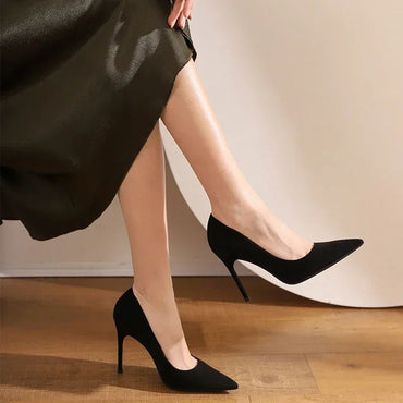 New Fashion women's shoes Sexy black high heels Sharp pointed suede pumps Elegant Shallow Mouth Shoes