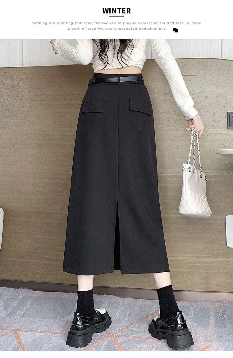 Grey High-waisted A- line Skirt Half Dress Petite Long Dress Autumn/winter For Women Side Slit Workwear