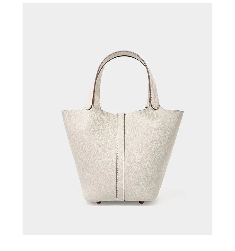 Genuine Leather Shoulder Bucket Bag Women Litchi Pattern Mini Basket Tote Soft Handbag Mommy Bride Wedding Bags with Lock