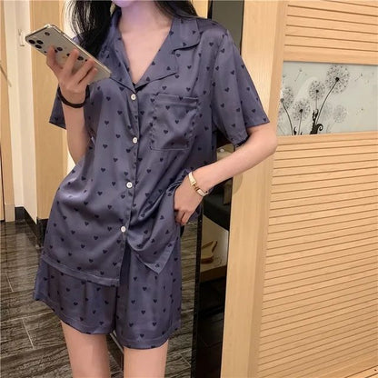Pyjama Summer New Ladies Sweet Satin Silk Floral Printed Pajamas Set Short Sleeve+Pants Women Ice Silk Cute Homewear Casual Wear
