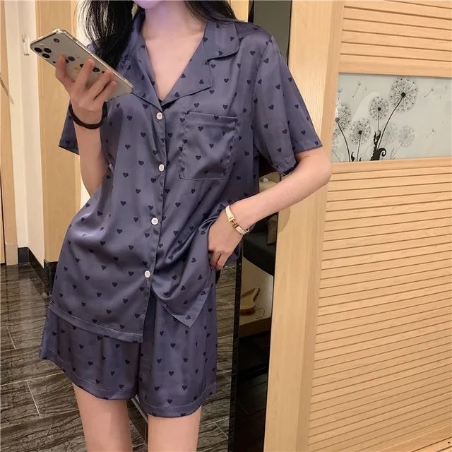 Pyjama Summer New Ladies Sweet Satin Silk Floral Printed Pajamas Set Short Sleeve+Pants Women Ice Silk Cute Homewear Casual Wear