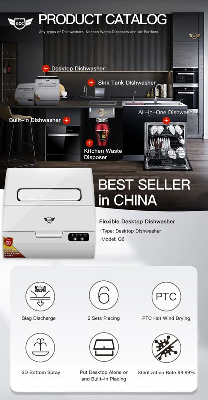 6 Sets Q6 Mini Portable Dishwasher Smart Desktop Countertop Washer Compact Kitchen Appliance for Home Office Camping Use