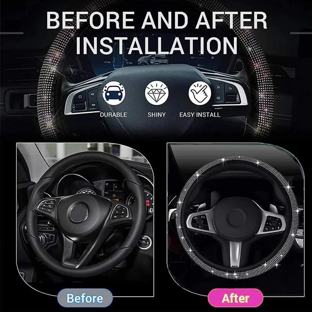 Capa de Volante de Carro 37/38cm Universal Strass Diamante Brilhante Elasticidade Acessórios Internos para Carro Para Quatro Estações