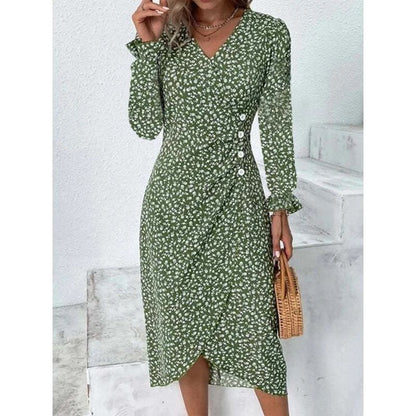 Elegant Floral Pleated H shaped Midi Dress Female V Neck Puff Sleeve Waist Ruche