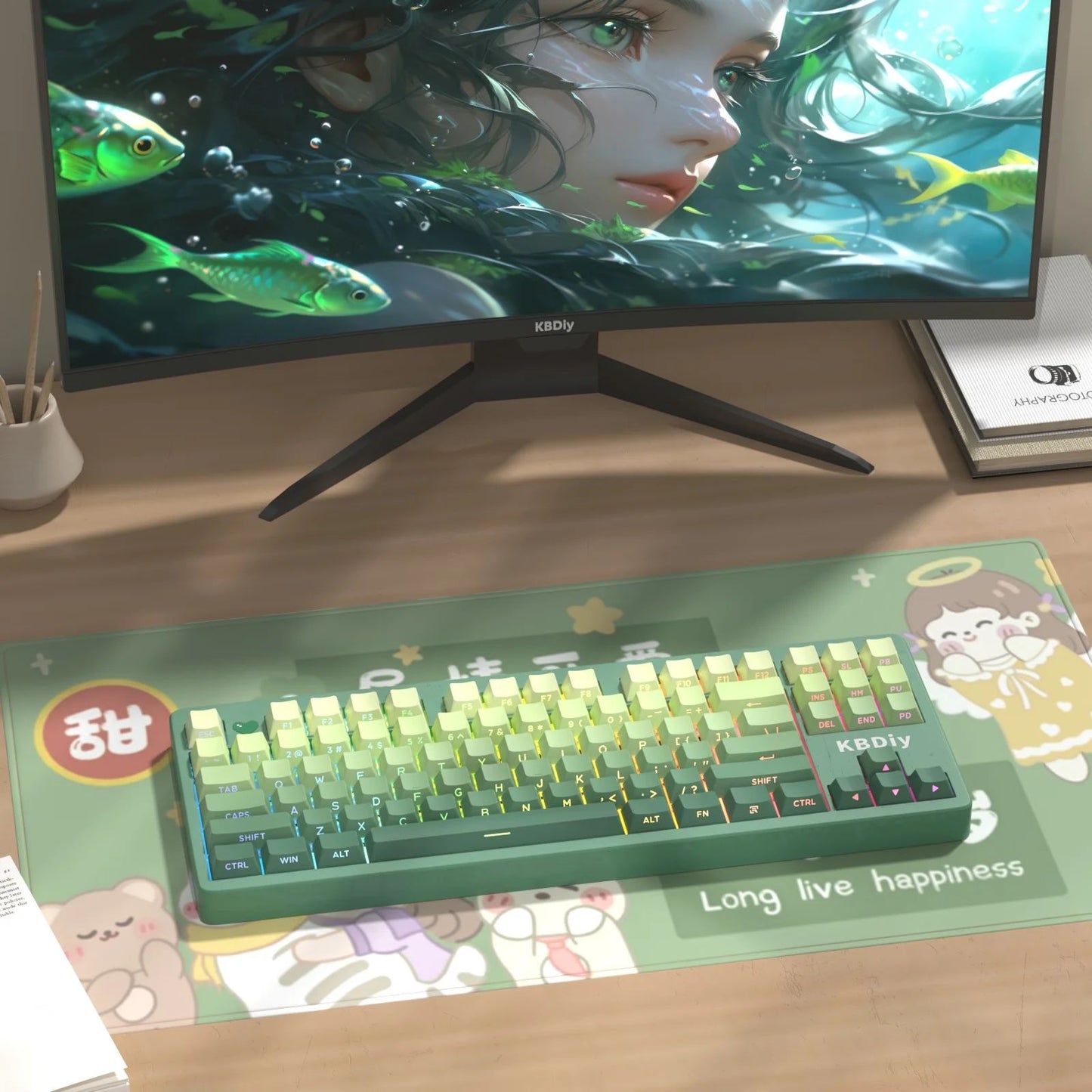 Novas Teclas 133 Gradiente Verde Shine Through Keycaps Impressão Lateral PBT Keycap Perfil Cherry Double Shot para Teclados Mecânicos