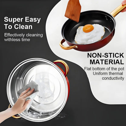 Red Cookware Set, 12-Piece ,Stainless Steel, Non-Stick, Kitchen Cookware Collection,Complete Kitchen Solution