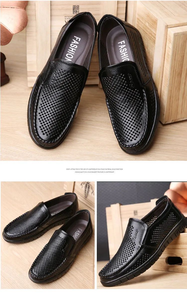 Plus Size Breathable Hollow Out Leather Sandals For Men Summer Comfortable Slip-Ons With Gap Between The Shoes And The Ground