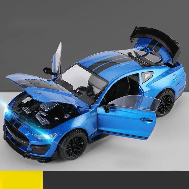 Miniaturas grandes de Ford Mustang GT500 1:18, veículo de liga fundido em metal, modelo colecionável, brinquedos com luz e som, carro de presente para crianças e meninos