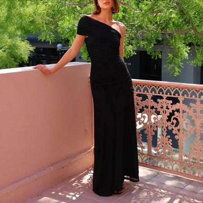 Pure Color Asymmetrical Collar Bared Back Bodycon Dress Cross-Border 2025 Women's Fashion Sleeveless Long Evening Gown