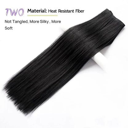 Apliques de Cabelo Preto Liso de 22 Polegadas, 130g, 7 Peças, Sintético, com Presilha