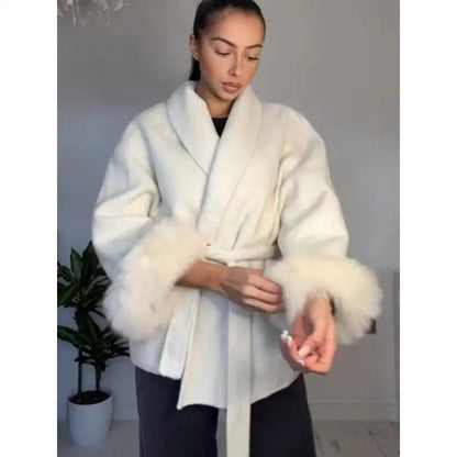 2025 Chic Lapel Plush Coat With Belt Women Vintage Solid Faux Fur Sleeve Tweed Open Coats Female Autumn Casual Street Outwear