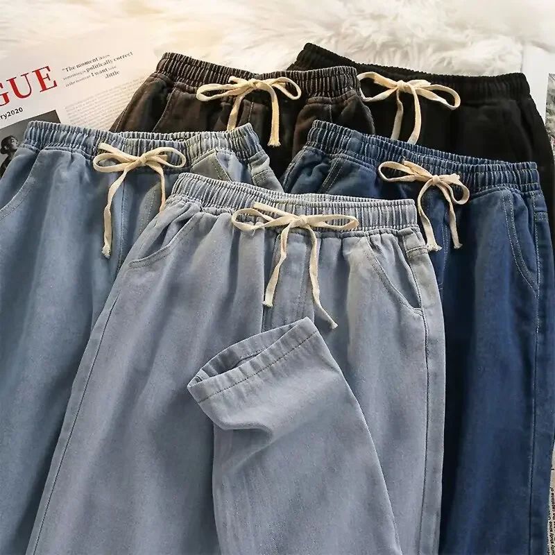 2025 New Solid Colors Men's Casual Long Jeans Classic Man Four Seasons Straight Denim Wide-leg Pants Light Blue Grey Black S-3XL