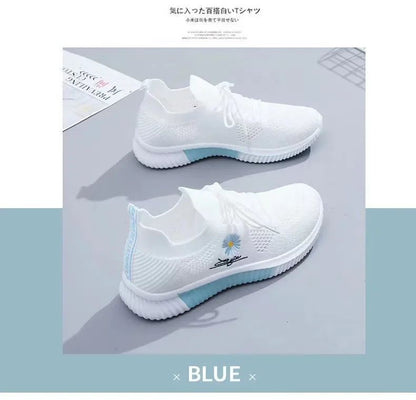 Spring and autumn seasonsLadies Knitted Sneakers Fashion Simple Lace-up Running Shoes Mesh Breathable Casual Female Students