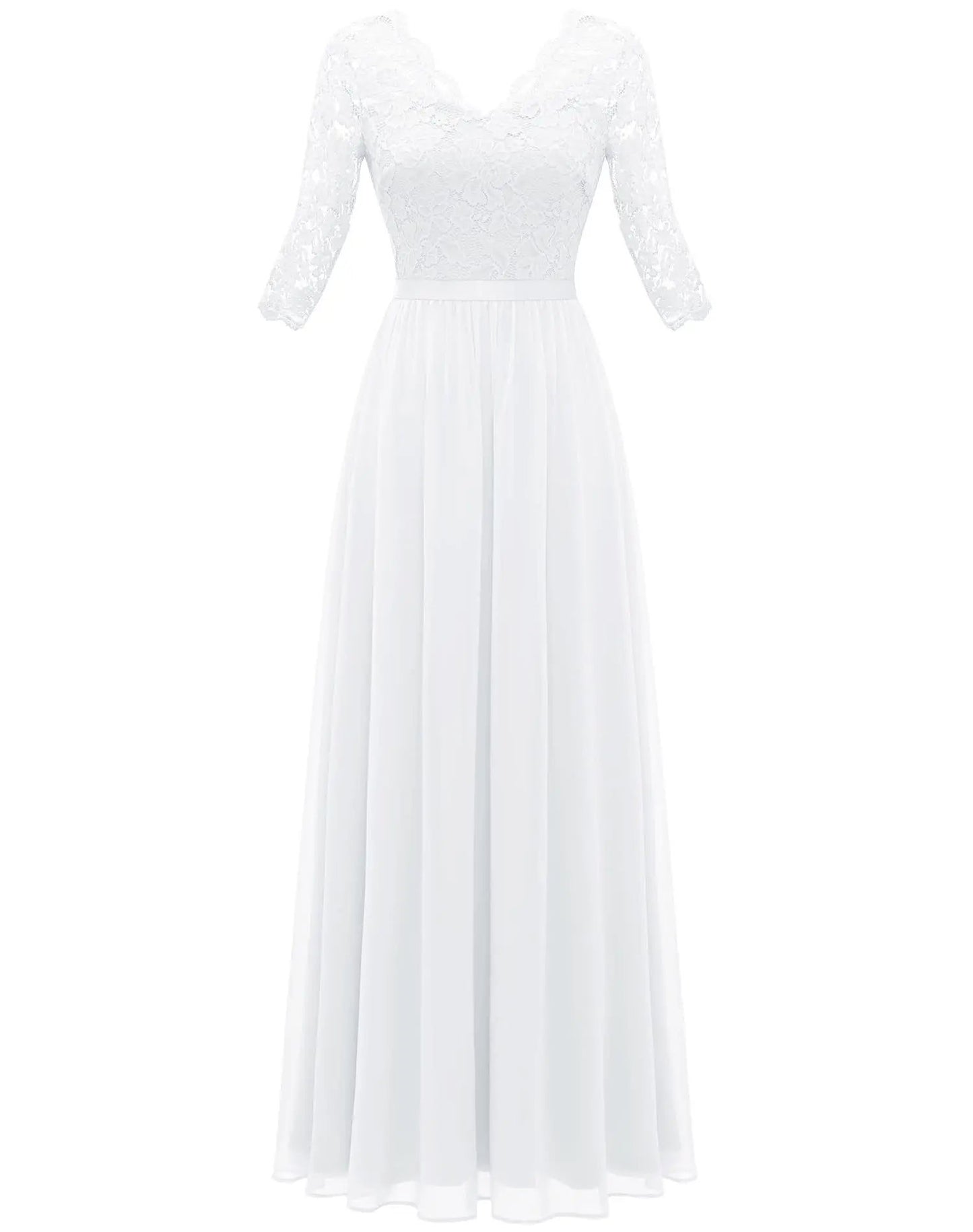 New 6-Color 5-Size Lace Splicing Long Waist-Cinching Elegant Dress Floor-Length V-Neck Polyester Fiber Evening Gown Dress