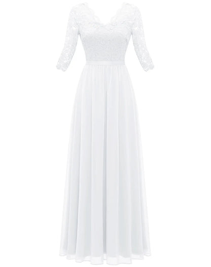 New 6-Color 5-Size Lace Splicing Long Waist-Cinching Elegant Dress Floor-Length V-Neck Polyester Fiber Evening Gown Dress