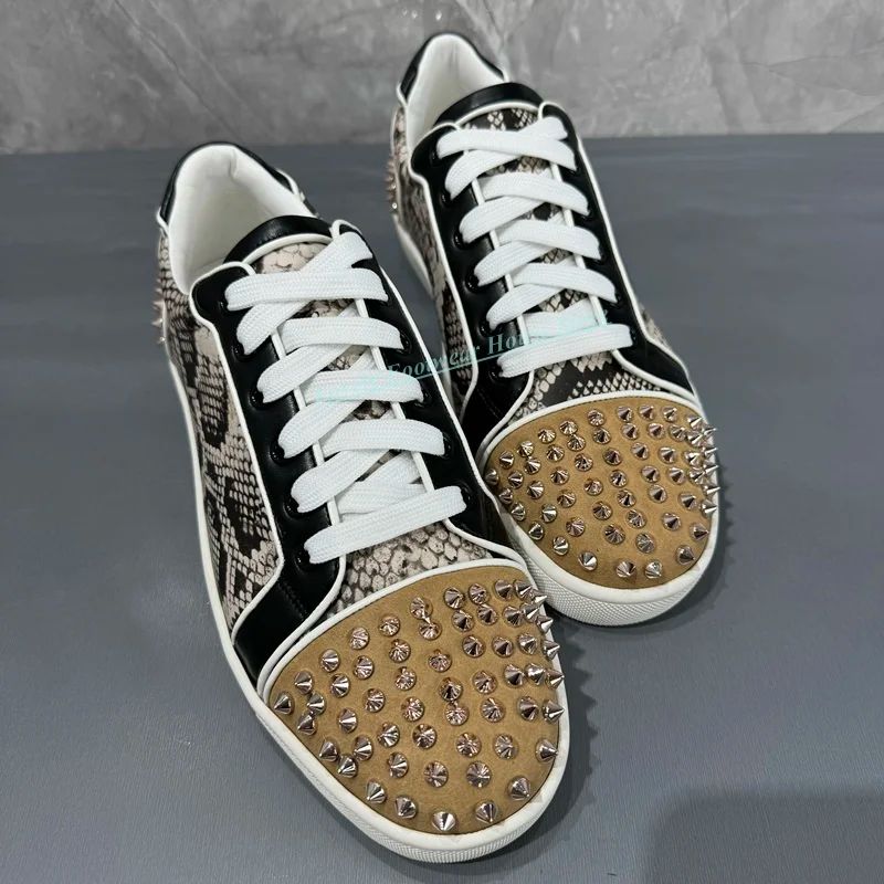 Men Fashion Snake Print Rivet Decoration Loafer Shoes Comfortable Flat Heel Lace Up Round Toe Male Paty Casual Single Shoes