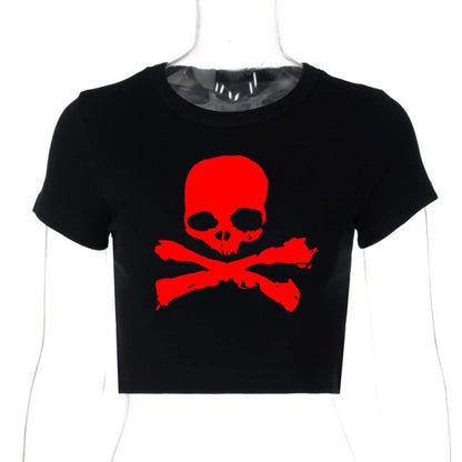 Vintage Grunge Graphic Print Short Sleeve T-Shirt Y2k Slim Crop Top Gothic Skull Punk Streetwear Women's Tee Summer Casual 90s