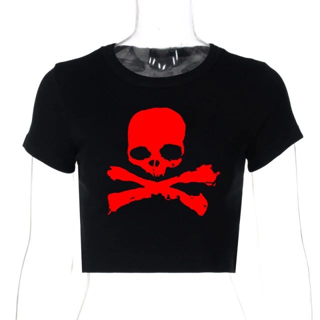 Vintage Grunge Graphic Print Short Sleeve T-Shirt Y2k Slim Crop Top Gothic Skull Punk Streetwear Women's Tee Summer Casual 90s
