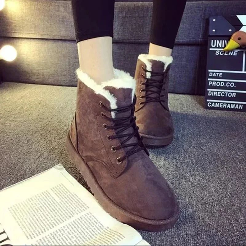 2025 Women Winter Snow Boots Warm Flat Plus Size Platform Lace Up Ladies Women's Shoes New Flock Fur Suede Ankle Boots 36-42