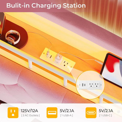Nova Cama Queen Size Menina com Luzes de LED e Estação de Carregamento, Estrutura de Cama Queen Size de Princesa com Cabeceira com Armazenamento Oculto