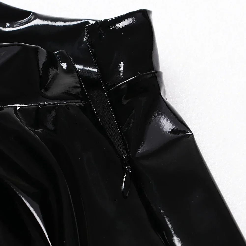 Women Glossy Patent Leather Flared Miniskirt Dance A Line Skirt Clubwear Cosplay Costume Retro Style Elastic Waistband