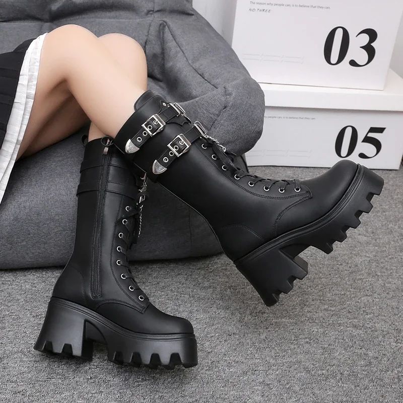 Autumn Women Punk Style Platform Mid-calf Boots Thick Sole Leather Motorcycle Boots 9CM Chunky Metal Buckle Short Boots Woman