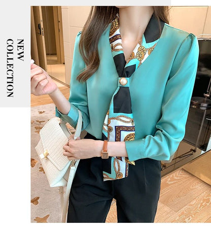 FANAN Elegant Fashion Office Lady Bow Solid Chiffon Shirts Women Clothing New Long Sleeve V-Neck Pullover Top Blouses Female2025