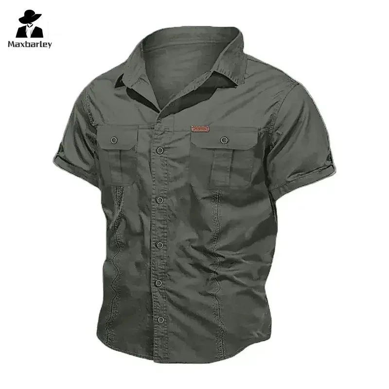 New Men's Work Shirt Casual Retro 100% Cotton Short Sleeve Flying Cargo Shirt Men's Summer Fishing Hunting Multi Pocket Shirt