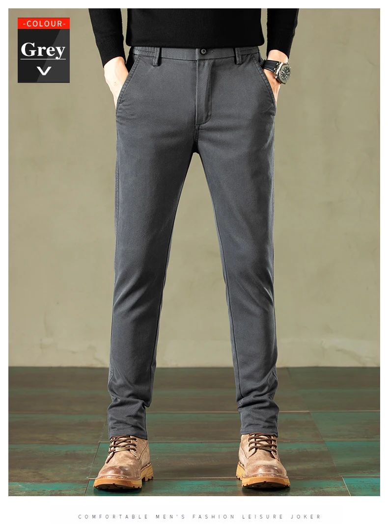 2024 Primavera Novas Calças Casuais Masculinas Marca de Roupas Negócios Cintura Elástica Grossa Clássica Slim Calça Masculina Preto Cinza Marrom