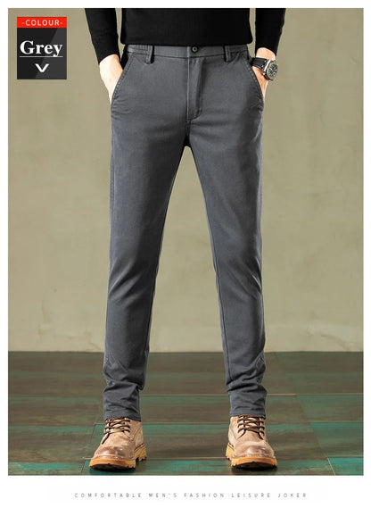 2024 Primavera Novas Calças Casuais Masculinas Marca de Roupas Negócios Cintura Elástica Grossa Clássica Slim Calça Masculina Preto Cinza Marrom