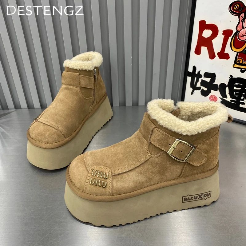 2024 New Fur Platform Women Ankle Boots Flats Suede Warm Shoes Woman Trend Designer Brand Short Plush Cozy Femme Snow Botas
