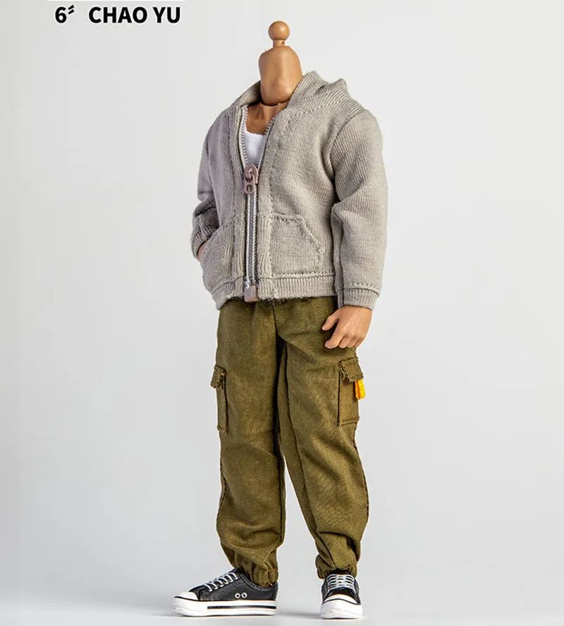 1/12 Scale Male Casual Zippered Hoodie Vest Pants Clothes Set Loose Short Sleeves T-Shirt Shorts Fit 6" Action Figures Body Doll