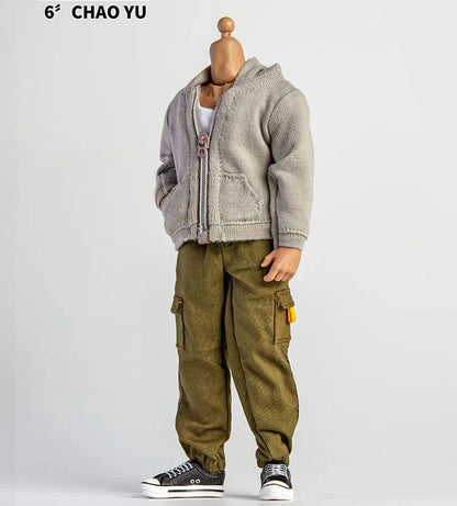 1/12 Scale Male Casual Zippered Hoodie Vest Pants Clothes Set Loose Short Sleeves T-Shirt Shorts Fit 6" Action Figures Body Doll